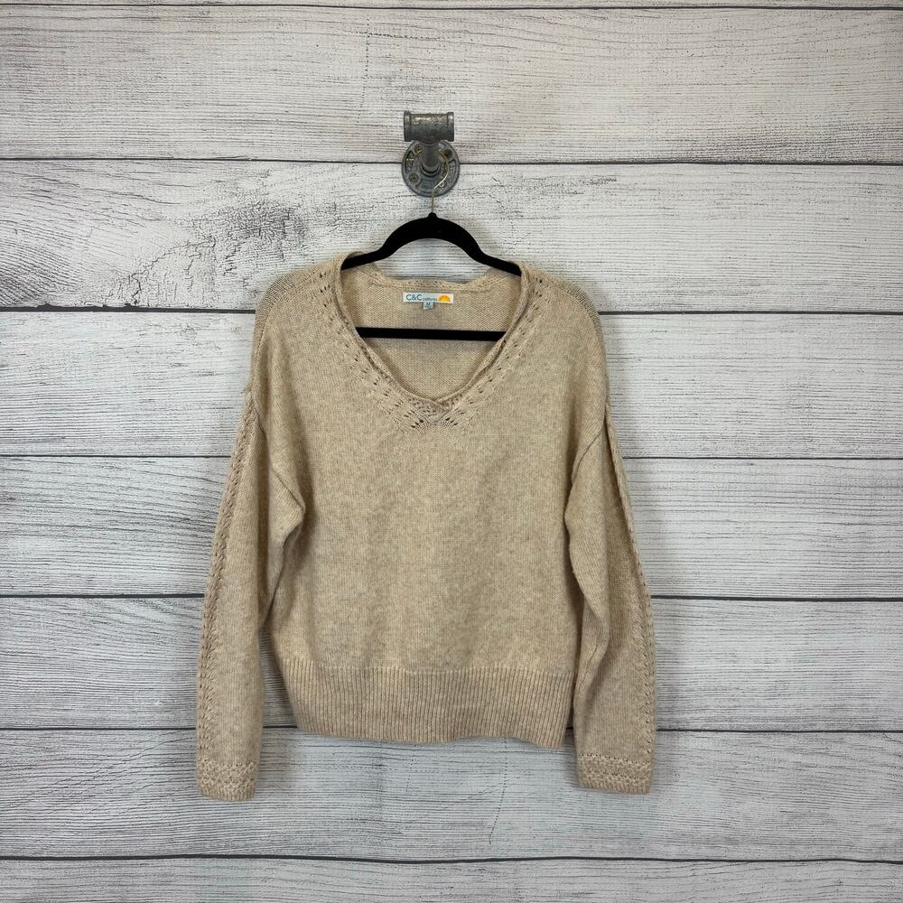 C&C California Women's Tan Knit Wool Blend V-Neck Sweater Size Medium